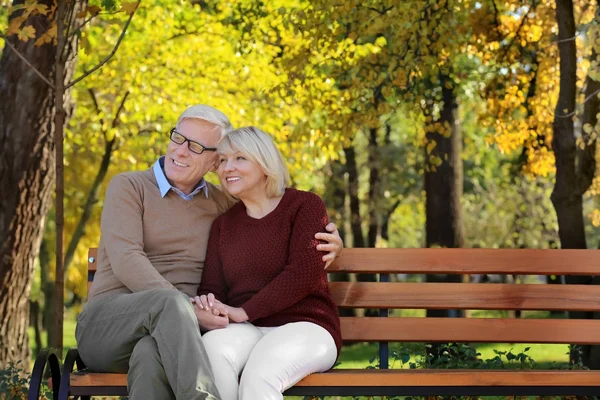Carina coppia anziana seduta sulla panchina nel parco autunnale — Foto Stock