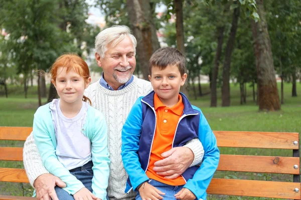 Buon uomo anziano con divertenti nipoti nel parco — Foto Stock