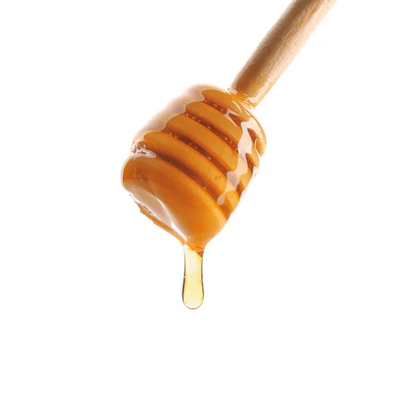 Honung Droppar Från Dipper Vit Bakgrund — Stockfoto