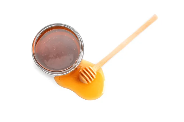 Pot Miel Avec Trempette Isolé Sur Blanc — Photo