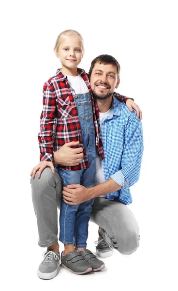 Carino bambina con suo padre su sfondo bianco — Foto Stock