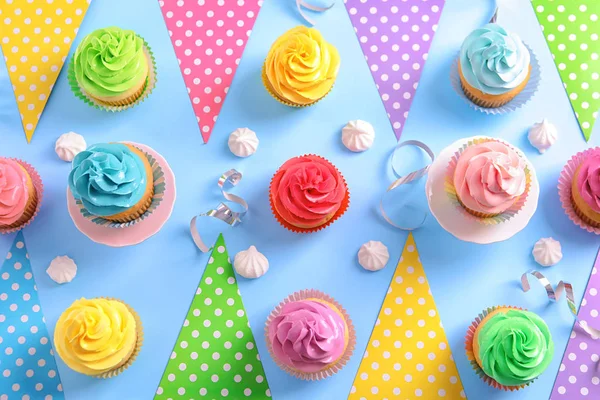 Composition Delicious Cupcakes Color Background Top View — Stock Photo, Image