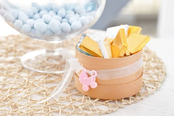 Box with treats for baby shower party — Stock Photo, Image