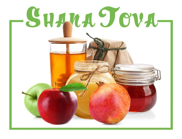 Text SHANA TOVA and traditional holiday food on white background — Stock Photo, Image