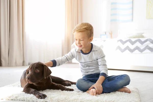 Cute little boy with dog on floor at home — Stock Photo, Image