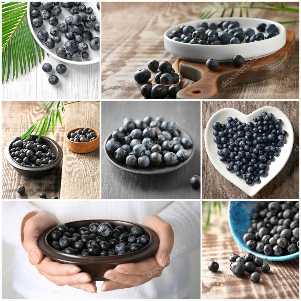 Collage with ripe acai berries
