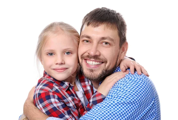 Linda niña con su padre sobre fondo blanco — Foto de Stock