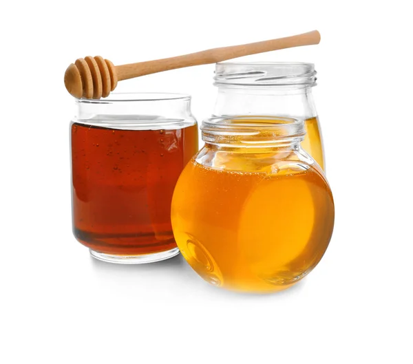 Jars Aromatic Honey White Background — Stock Photo, Image