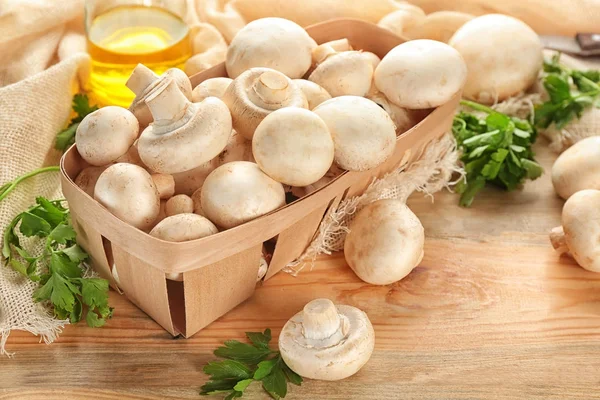 Basket Fresh Champignon Mushrooms Table — Stock Photo, Image