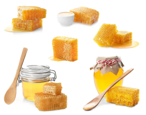 Conjunto de favos de mel saborosos no fundo branco — Fotografia de Stock