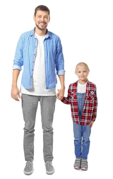 Cute little girl holding hand of her father on white background — Stock Photo, Image