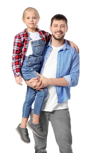 Carino bambina con suo padre su sfondo bianco — Foto Stock