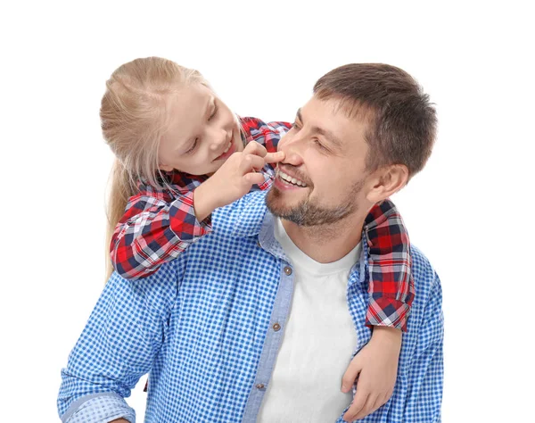 Niedliches kleines Mädchen mit ihrem Vater auf weißem Hintergrund — Stockfoto
