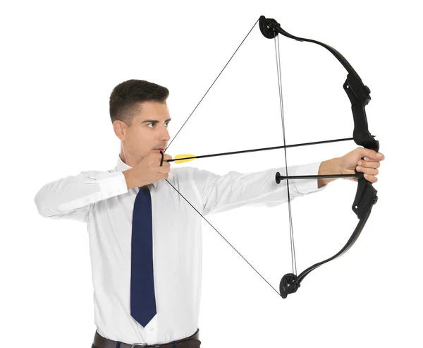 Young businessman practicing archery on white background — Stock Photo, Image