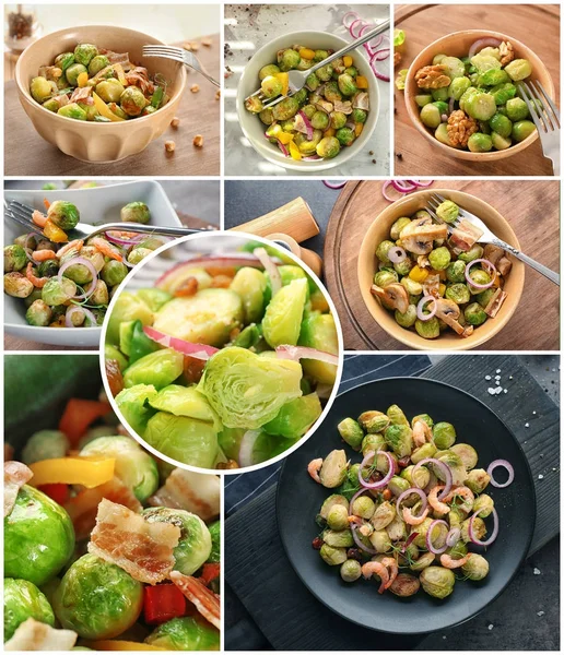 Collage de différentes idées de recettes de salade avec des choux de Bruxelles — Photo