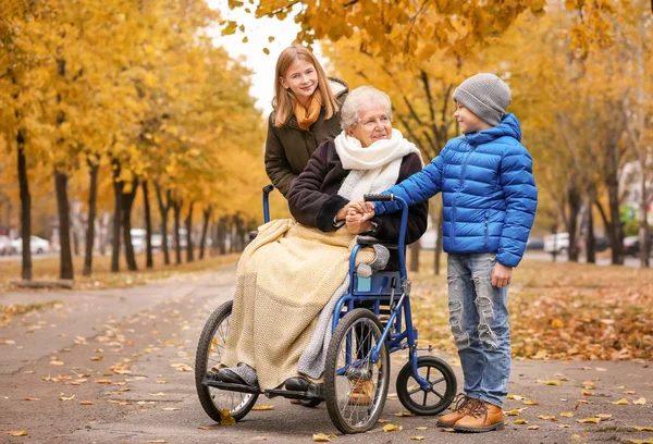 Aranyos gyerekek az idős nagymama tolószékben kint a őszi nap — Stock Fotó