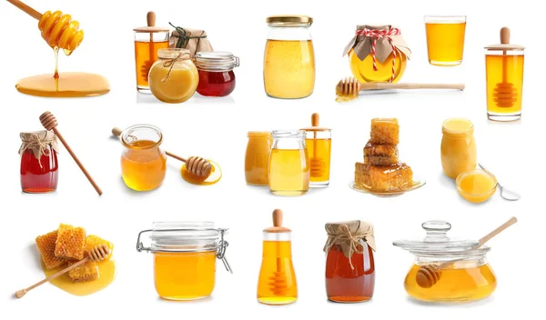 Colagem com diferentes tipos de mel no fundo branco — Fotografia de Stock