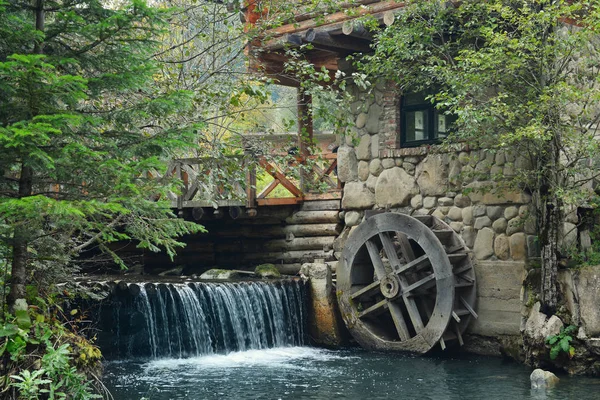 View of old wooden water wheel