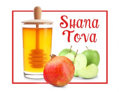 Metin Shana Tova ve beyaz arka plan üzerinde geleneksel tatil gıda