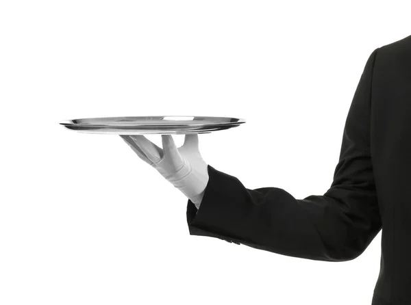 Hand of waiter with metal tray — Stock Photo, Image