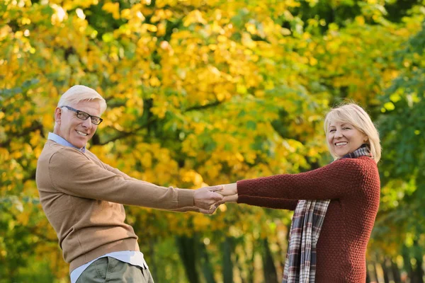 Linda pareja de ancianos en el parque de otoño — Foto de Stock