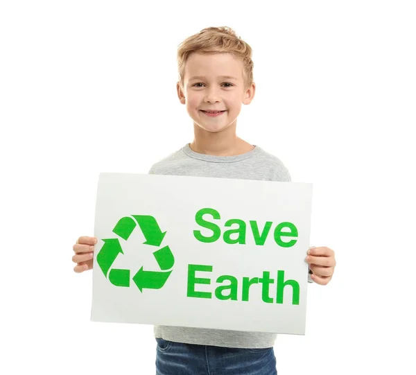 Menino segurando cartaz no fundo branco. Salvar conceito Terra — Fotografia de Stock