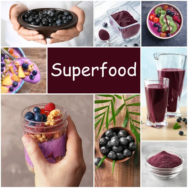 Collage de diferentes ideas para recetas con bayas de acai — Foto de Stock