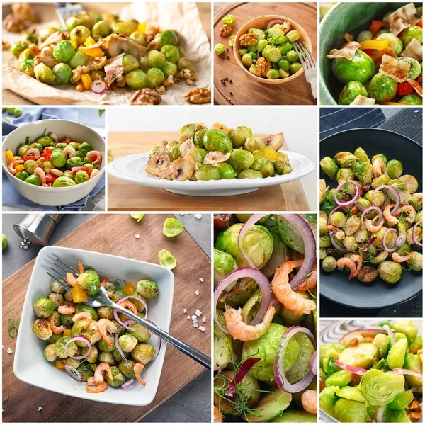 Collage de différentes idées de recettes de salade avec des choux de Bruxelles — Photo