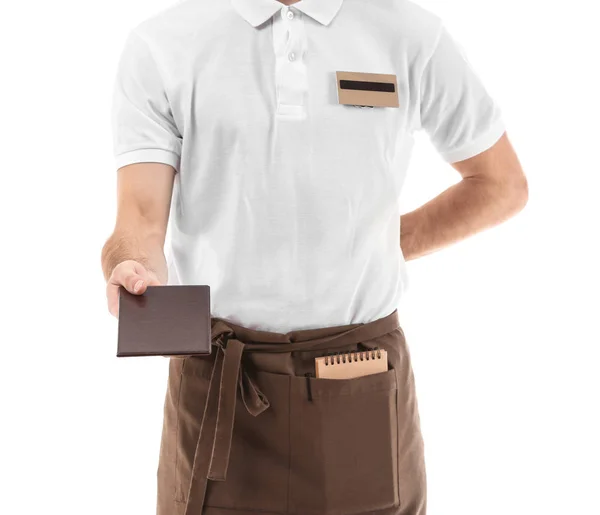 Waiter with menu on white background, closeup — Stock Photo, Image