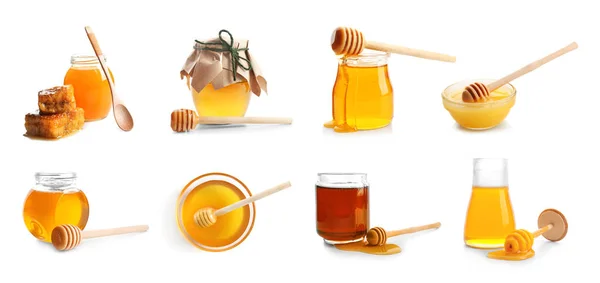Collage con diversi tipi di miele su sfondo bianco — Foto Stock