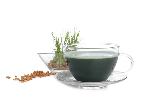 Tasse gesunden Saft und gekeimtes Weizengras — Stockfoto