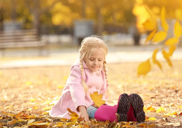 Schattig klein meisje zittend op de grond in herfst park — Stockfoto