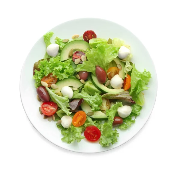 Placa con deliciosa ensalada de verduras sobre fondo blanco, vista superior —  Fotos de Stock