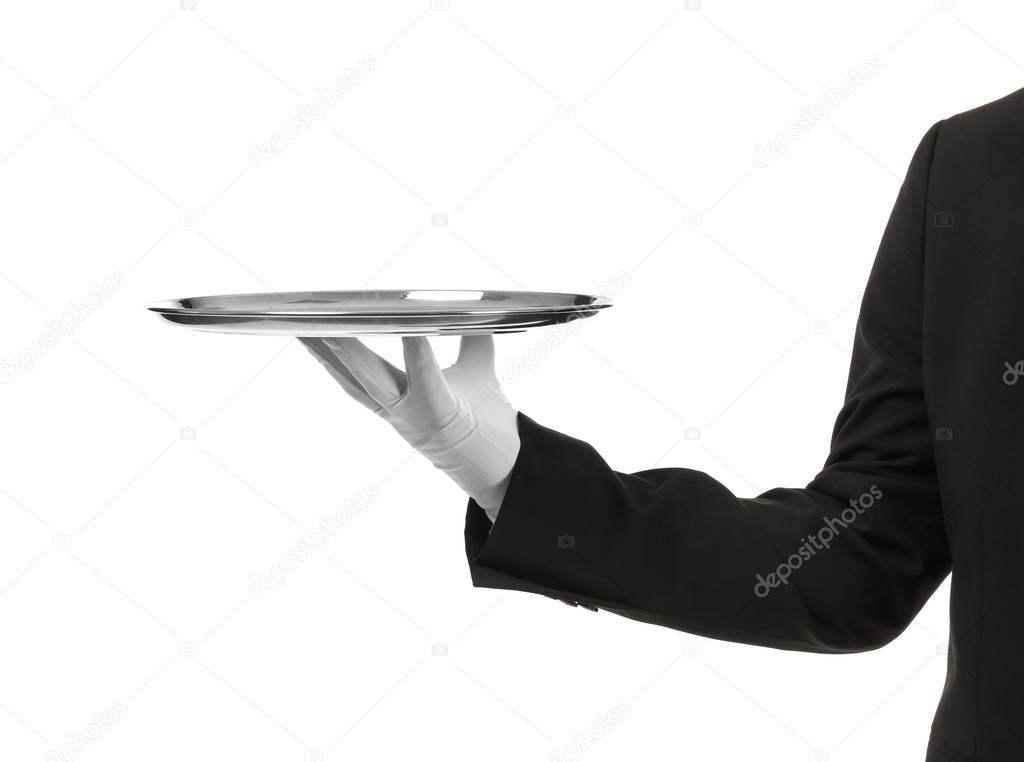 Hand of waiter with metal tray 