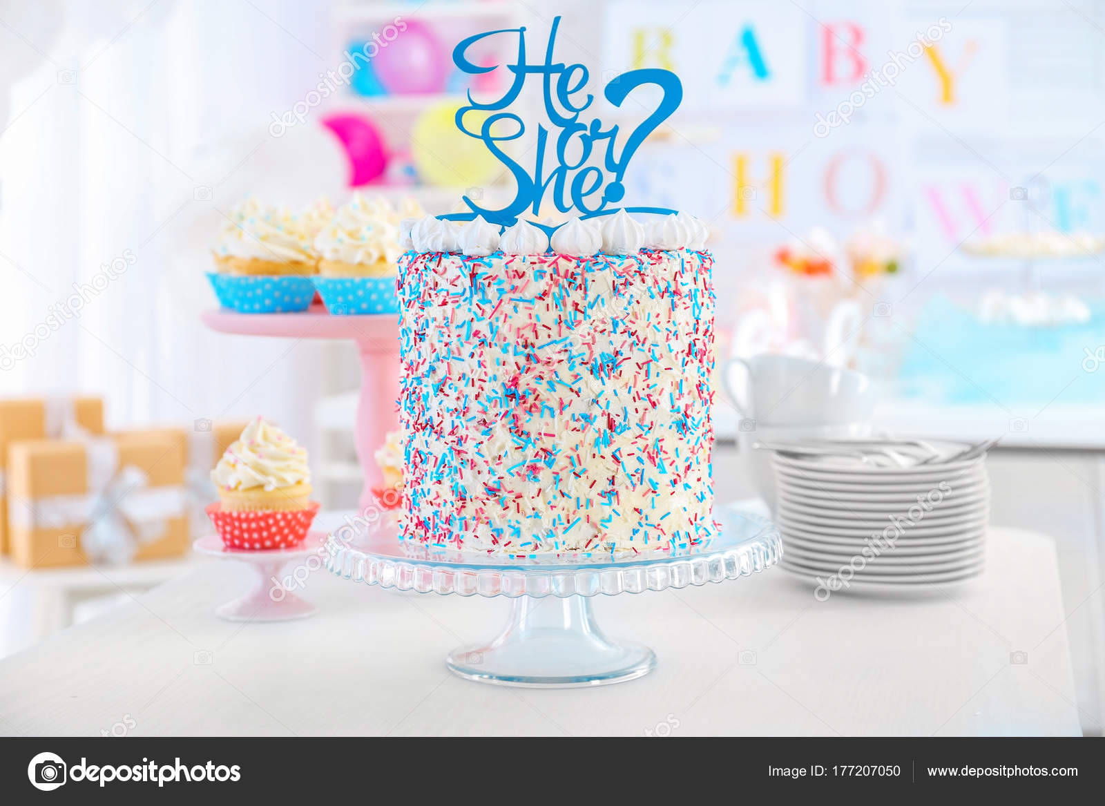 He Or She Cake On Table Stock Photo By C Belchonock