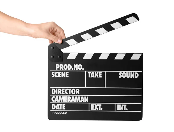 Mão feminina com clapperboard — Fotografia de Stock