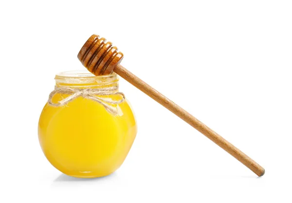 Bocal en verre avec miel et trempette — Photo