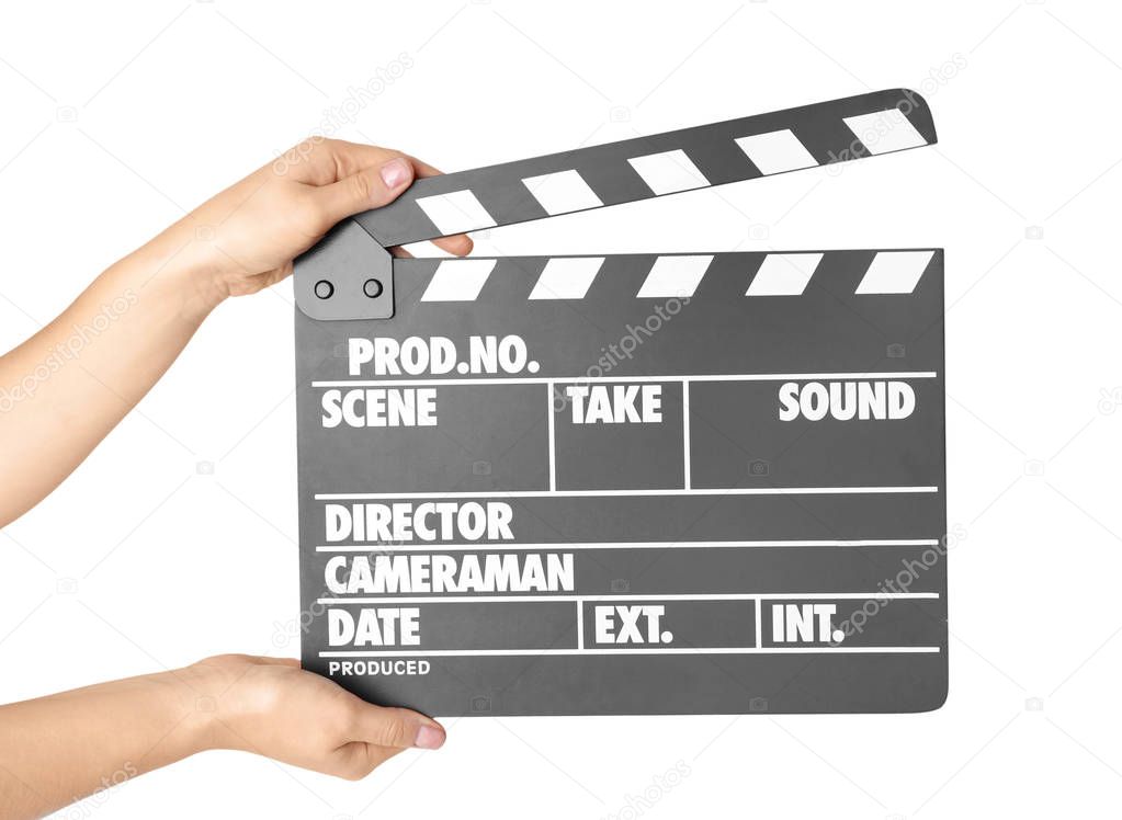 Female hands with clapperboard