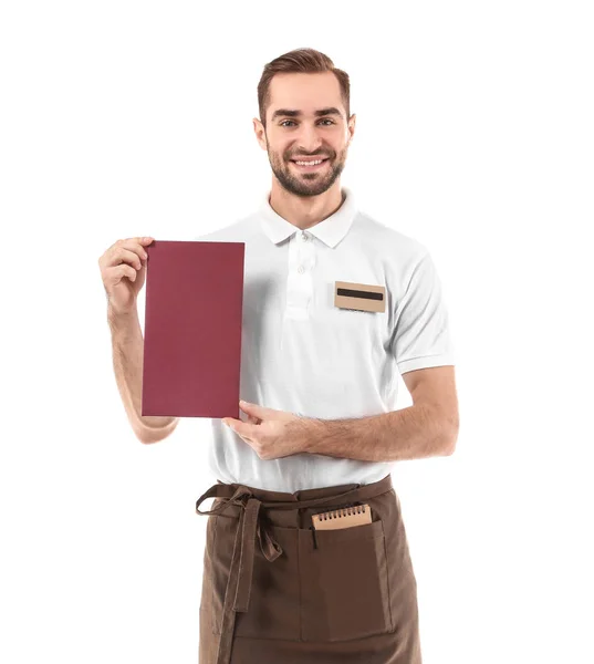 Camarero guapo con menú — Foto de Stock