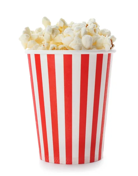 Cup with popcorn on white — Stock Photo, Image