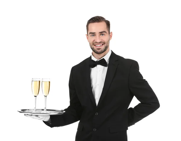 Číšníku, drží kovový podnos s brýlemi šampaňského — Stock fotografie
