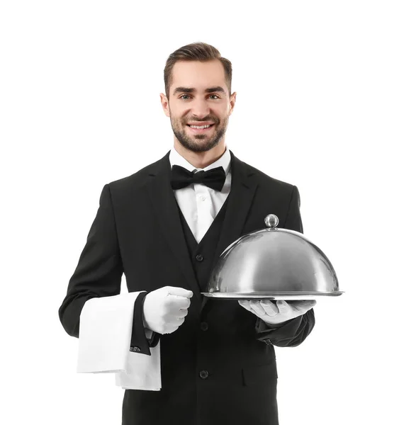 Cameriere con vassoio in metallo e cloche — Foto Stock