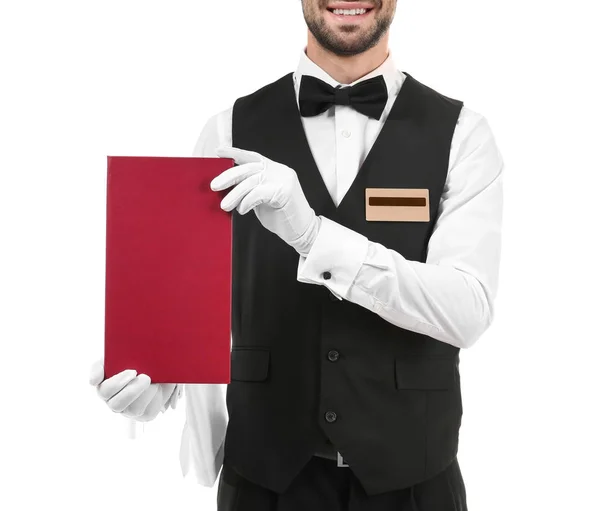 Официант с меню на белом — стоковое фото