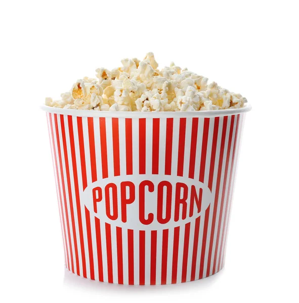 Cup with popcorn on white — Stock Photo, Image