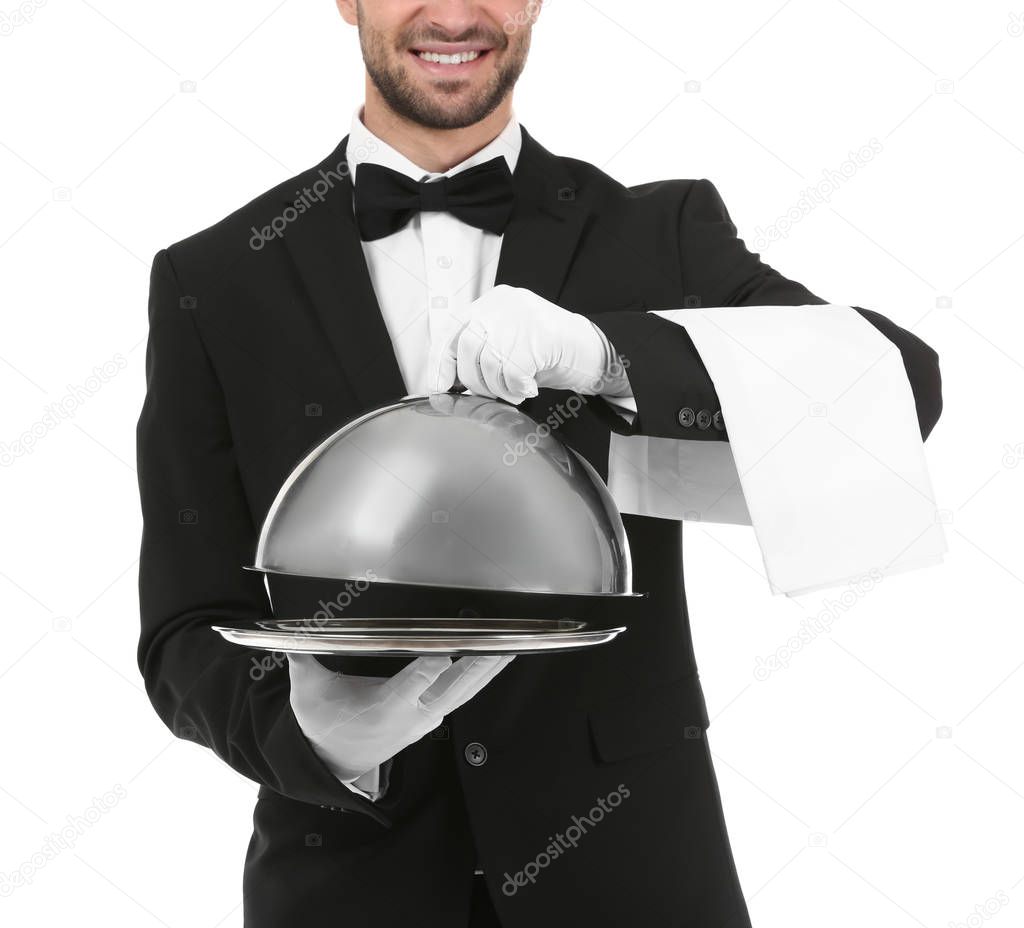Waiter with metal tray and cloche 