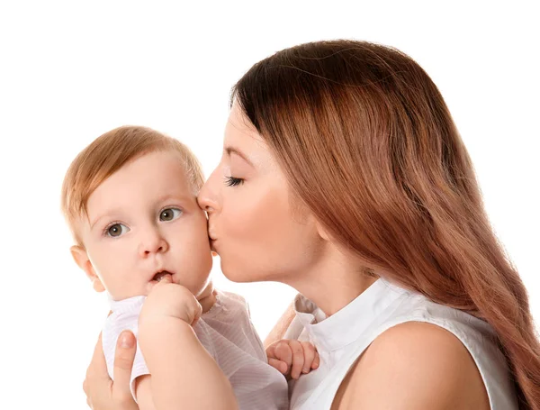 Young mother with baby on white background — Stock Photo, Image