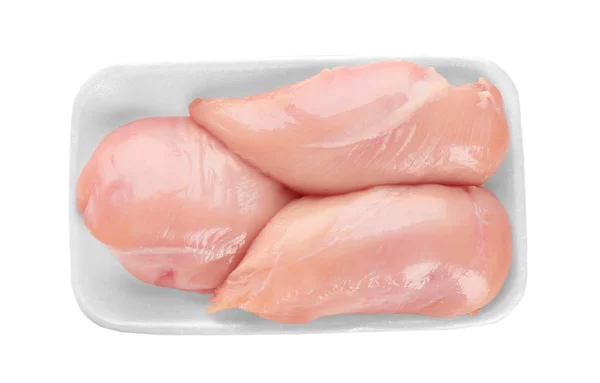 Wadah Dengan Fillet Ayam Mentah Pada Latar Belakang Putih — Stok Foto