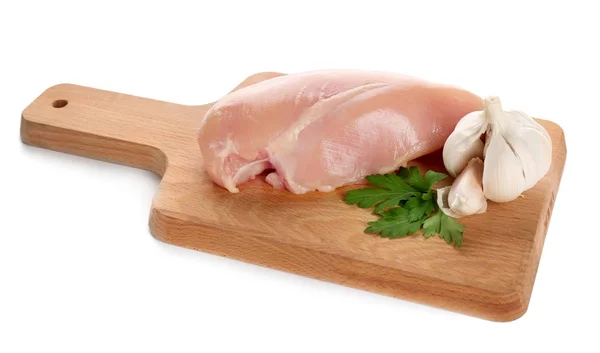 Wooden Board Raw Chicken Fillet Garlic White Background — Stock Photo, Image