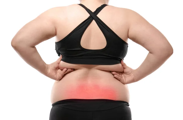 Overweight Woman Suffering Back Pain White Background — Stock Photo, Image