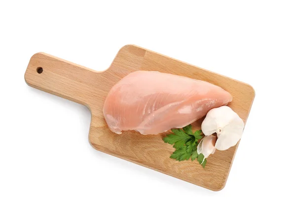 Holzbrett Mit Rohem Hühnerfilet Und Knoblauch Auf Weißem Hintergrund — Stockfoto